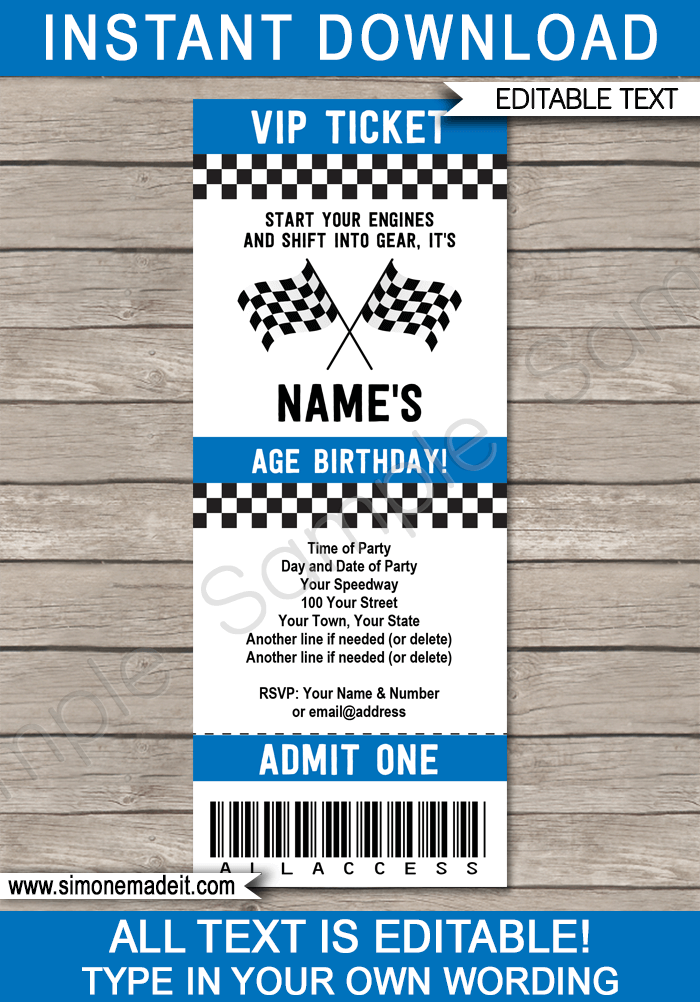 Race Car Ticket Invitations | Race Car Birthday Party Ticket Invite | Race Car Theme Party | Racing Car | Editable & Printable Template | INSTANT DOWNLOAD via simonemadeit.com