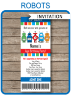 Robot Party Ticket Invitation template