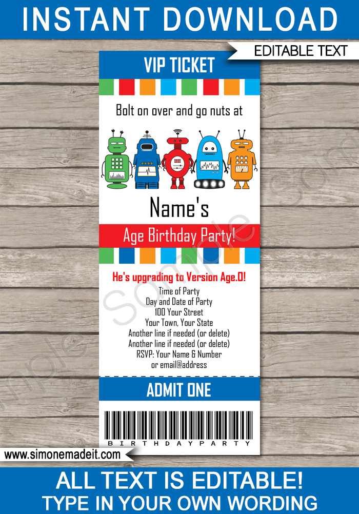 Robot Party Ticket Invitation Template | Robot Birthday Party Ticket Invite | Robot Theme Party | Editable & Printable Template | INSTANT DOWNLOAD via simonemadeit.com