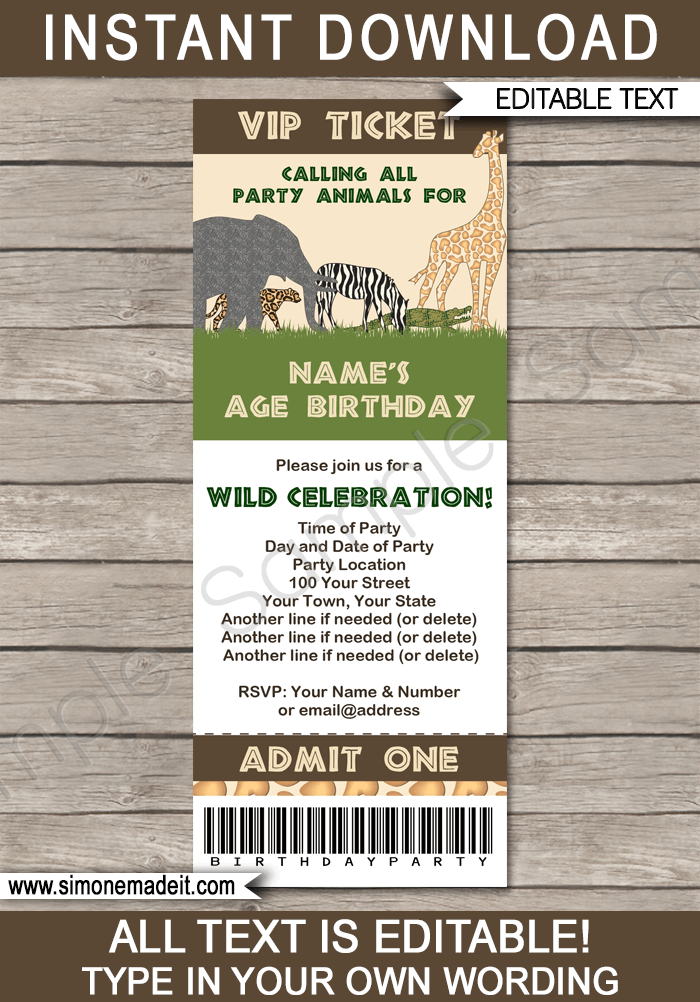 Safari Party Ticket Invitation Template | Zoo, Jungle, Animal Theme Invite
