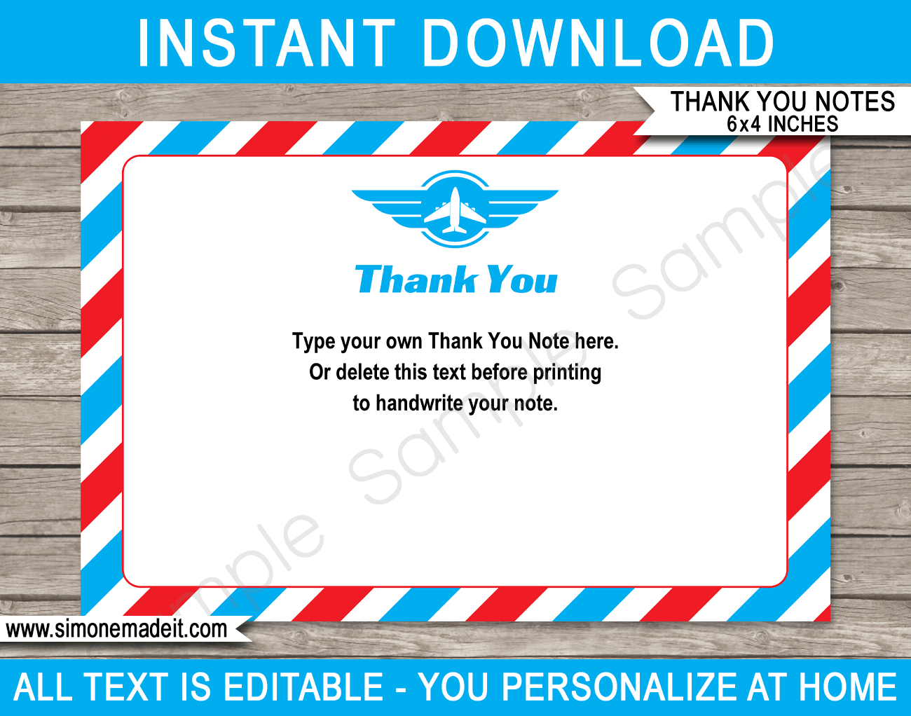 Printable Airplane Party Thank You Cards Template - Favor Tags - Airplane Birthday Party theme - DIY Editable Text - Instant Download via simonemadeit.com