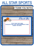 Printable All Star Sports Party Thank You Notes - Favor Tags - All Star Sports Birthday Party theme - Football, Basketball, Baseball, Soccer - Editable Template - Instant Download via simonemadeit.com