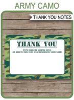 Printable Green Camo Party Thank You Notes - Favor Tags - Army Birthday Party theme - Editable Template - Instant Download via simonemadeit.com