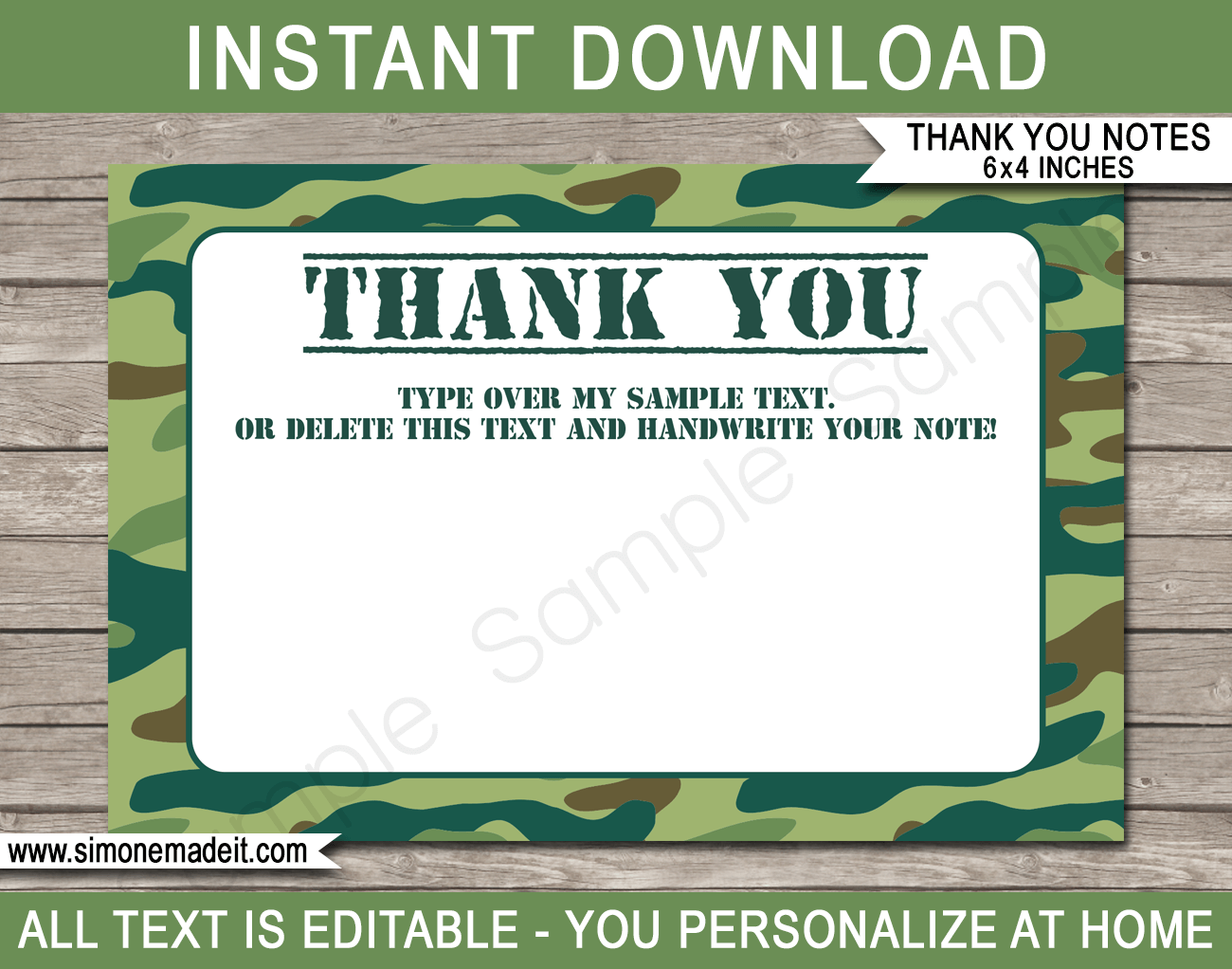 Printable Green Camo Thank You Cards - Favor Tags - Army Birthday Party theme - Editable Template - Instant Download via simonemadeit.com