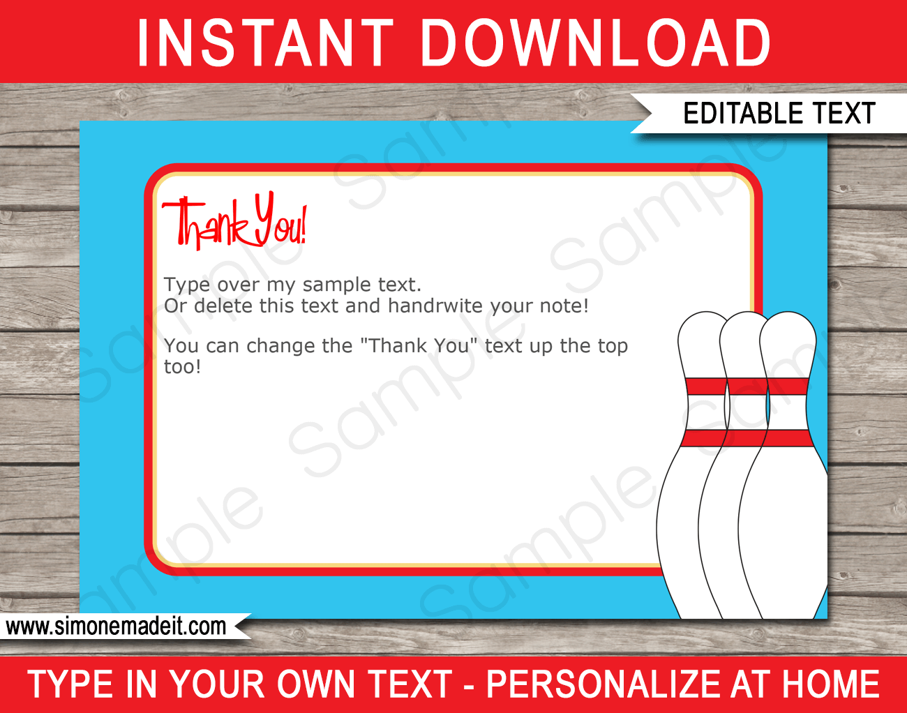 Printable Bowling Party Thank You Cards - Favor Tags - Bowling Birthday Party theme - Ten Pin Bowling Party - Editable Template - Instant Download via simonemadeit.com