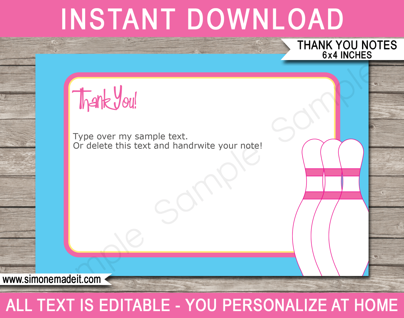 Printable Bowling Birthday Party Thank You Cards - Favor Tags - Bowling Party theme - Retro Ten Pin Bowling Party - pink & blue - Editable Template - Instant Download via simonemadeit.com