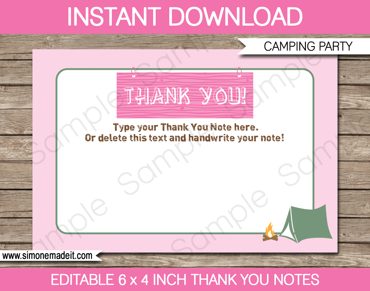 Camping Birthday Party Thank You Cards - Favor Tags - Camp or Camping theme - Pink Girls - Editable Template - Instant Download via simonemadeit.com