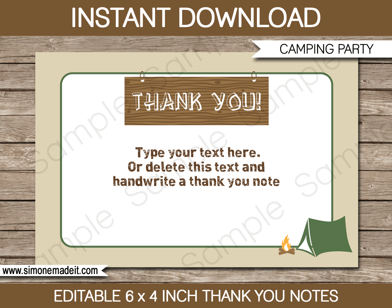 Printable Camping Party Thank You Cards - Favor Tags - Camp or Camping Birthday Party theme - Editable Template - Instant Download via simonemadeit.com