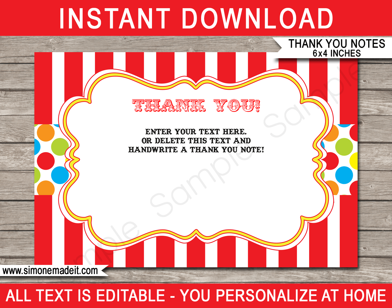 Printable Carnival Party Thank You Cards - Favor Tags - Circus or Carnival Birthday Party theme - Editable Template - Instant Download via simonemadeit.com