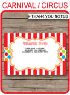 Printable Carnival Party Thank You Notes - Favor Tags - Circus or Carnival Birthday Party theme - Editable Template - Instant Download via simonemadeit.com