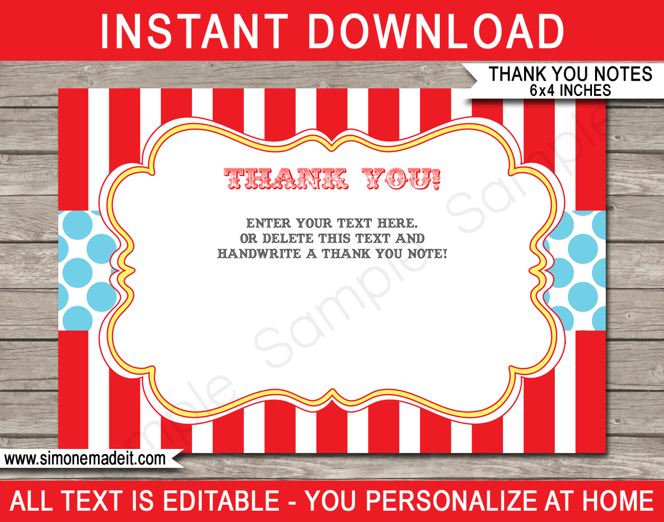 Printable Circus Party Thank You Cards - Favor Tags - Circus or Carnival Birthday Party theme - Editable Template - Instant Download via simonemadeit.com