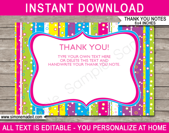 Printable Colorful Party Thank You Cards | Colorful Birthday Party Theme