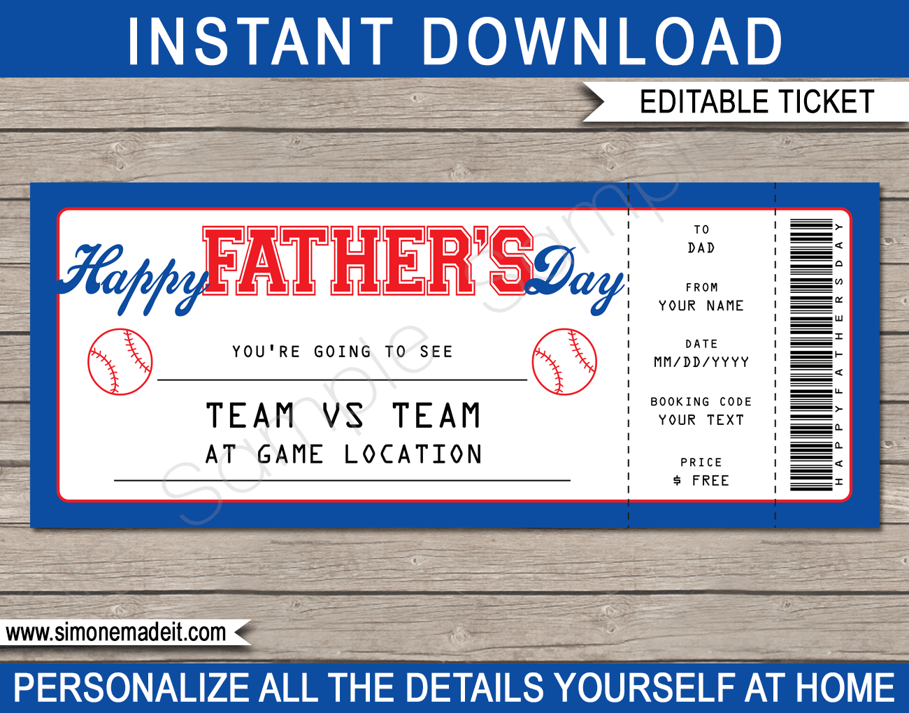 Father's Day Baseball Ticket Gift voucher - Printable Baseball Game Ticket - Red & Blue - Last Minute or Surprise Gift Certificate - Happy Father's Day - Editable DIY Template - INSTANT DOWNLOAD via simonemadeit.com