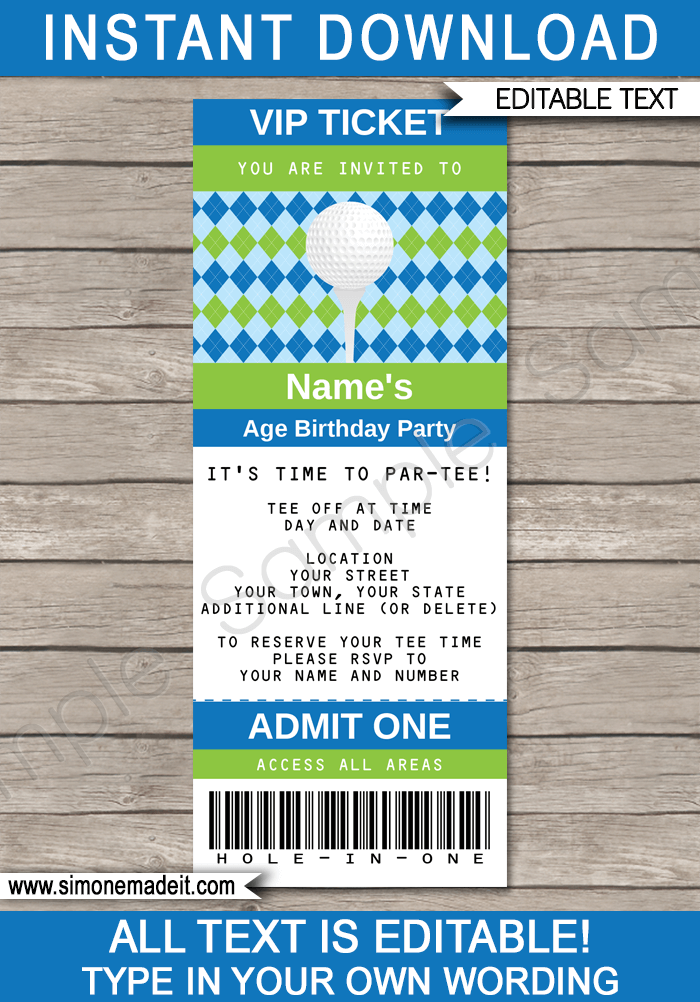 Printable Golf Ticket Invitation Template | Golf Birthday Party Ticket Invite | Golfing Theme Party | Editable & Printable Template | Blue Green Argyle | INSTANT DOWNLOAD via simonemadeit.com