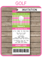 Ladies Golf Ticket Invitation Template | Golf Birthday Party Ticket Invite | Golfing Theme Party | Editable & Printable Template | Pink Green Argyle | INSTANT DOWNLOAD via simonemadeit.com