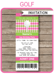 Ladies Golf Ticket Invitation Template | Golf Birthday Party Ticket Invite | Golfing Theme Party | Editable & Printable Template | Pink Green Argyle | INSTANT DOWNLOAD via simonemadeit.com