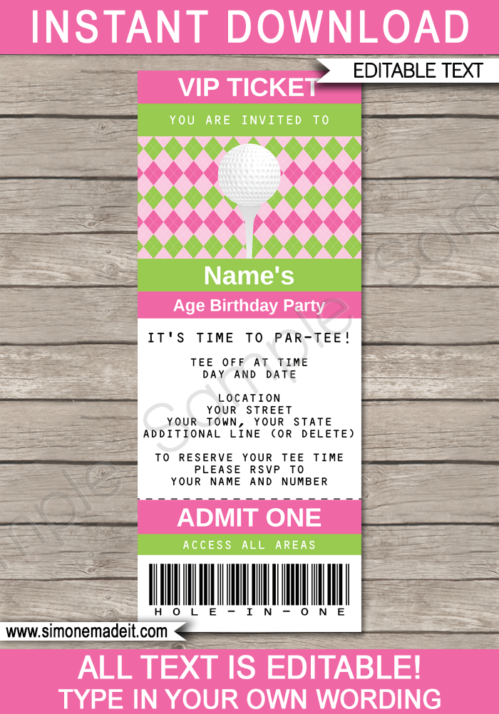 Ladies Golf Ticket Invitation Template | Golf Birthday Party Ticket Invite | Golfing Theme Party | Editable & Printable Template | Pink Green Argyle | INSTANT DOWNLOAD via simonemadeit.com