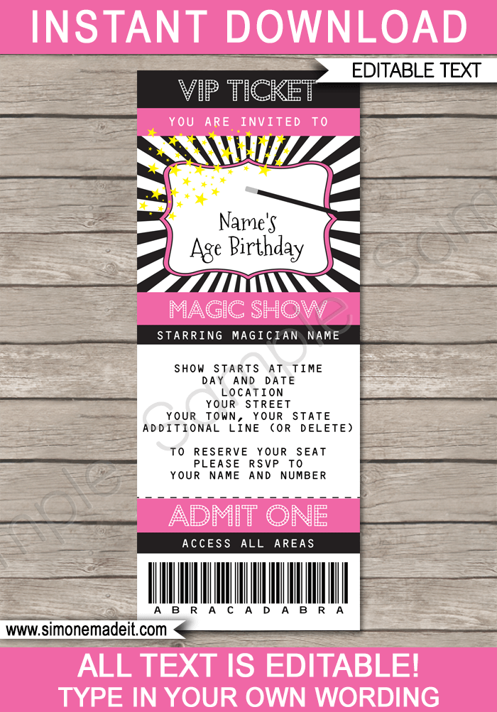 Pink Magic Party Ticket Invitation Template | Magic Birthday Party Ticket Invite | Magic Theme Party | Editable & Printable Template | INSTANT DOWNLOAD via simonemadeit.com