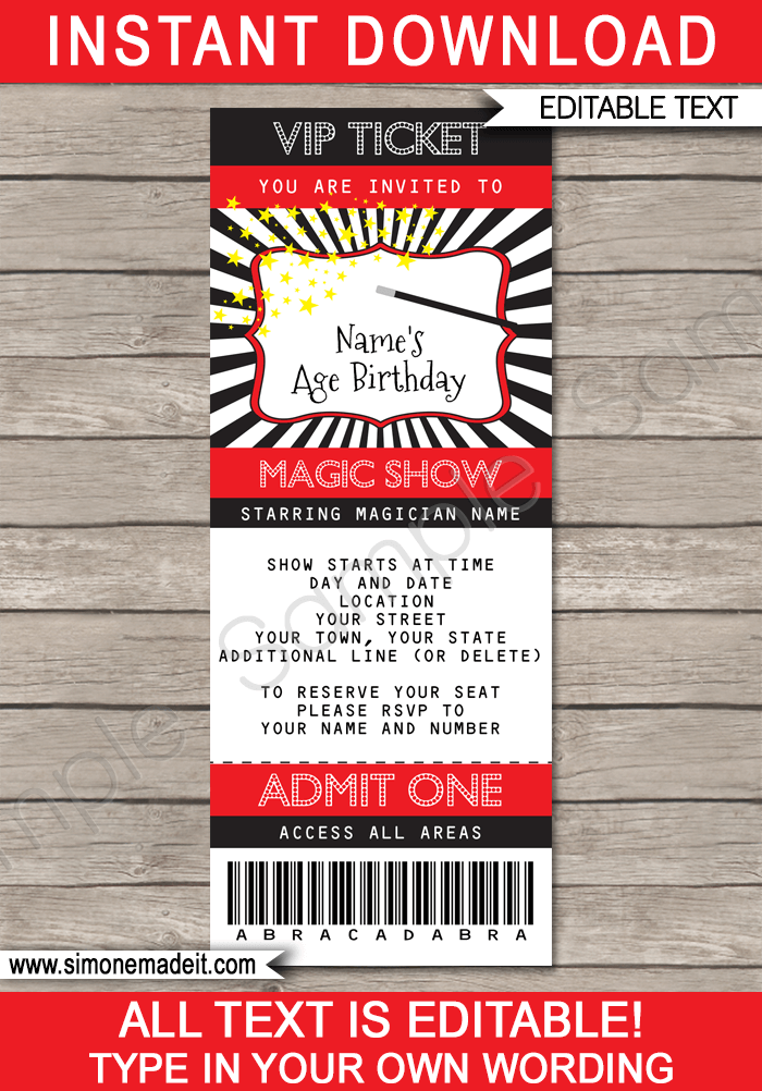 Printable Magic Ticket Invitation Template | Magic Birthday Party Ticket Invite | Magic Theme Party | Editable & Printable Template | INSTANT DOWNLOAD via simonemadeit.com