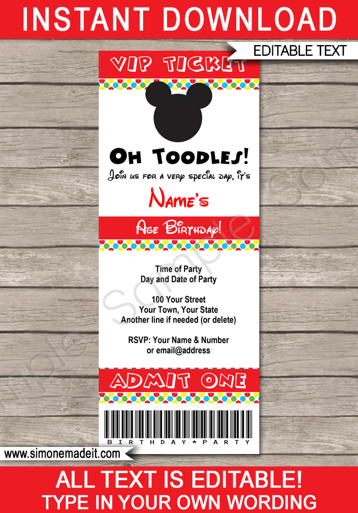 Mickey Mouse Party Ticket Invitation Template | Mickey Mouse Birthday Party Ticket Invite | Mickey Mouse Theme Party | Editable & Printable Template | INSTANT DOWNLOAD via simonemadeit.com