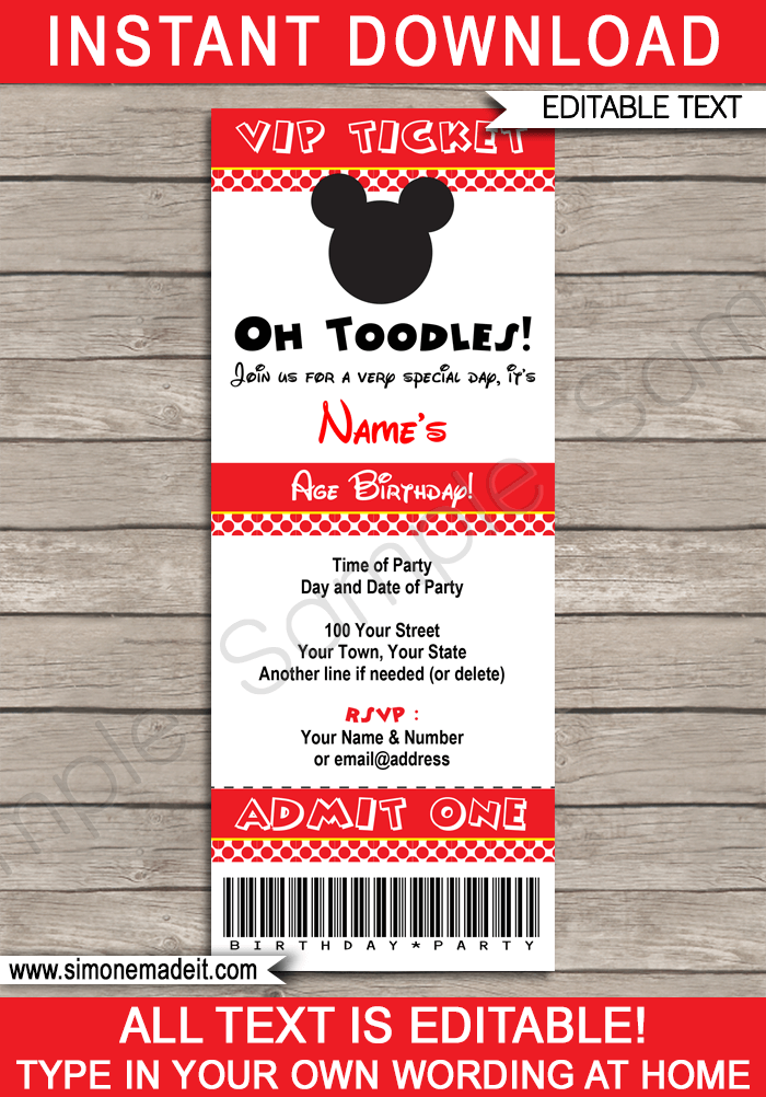 Printable Mickey Mouse Ticket Invitation Template | Mickey Mouse Birthday Party Ticket Invite | Mickey Mouse Theme Party | Editable & Printable Template | Pink | INSTANT DOWNLOAD via simonemadeit.com