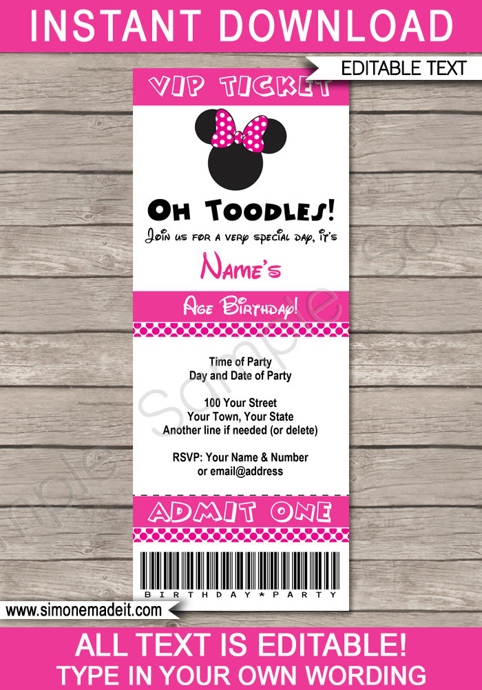 minnie mouse ticket invitation template printable birthday party invite