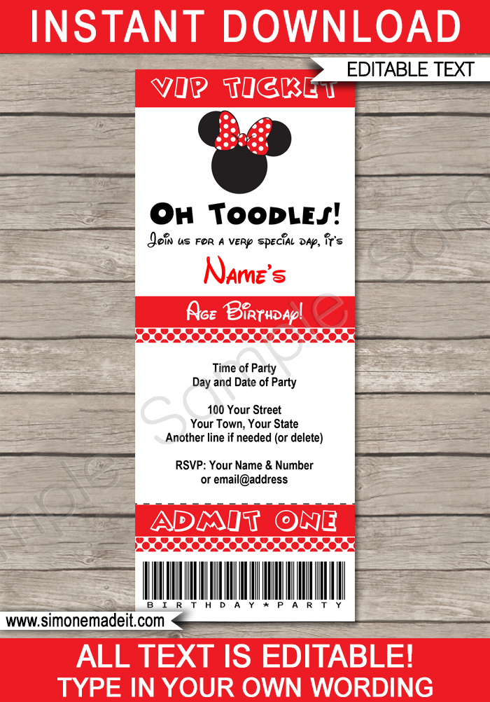 Red Minnie Mouse Party Ticket Invitation Template | Minnie Mouse Birthday Party Ticket Invite | Minnie Mouse Theme Party | Editable & Printable Template | INSTANT DOWNLOAD via simonemadeit.com