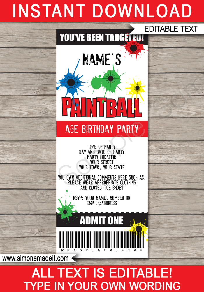 Paintball Party Ticket Invitation Template Printable Birthday Party 