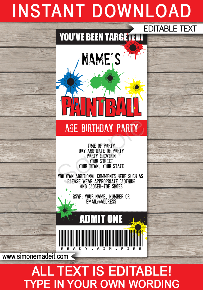 Paintball Party Ticket Invitation Template Printable Birthday Party Invite