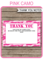 Printable Pink Camo Thank You Notes - Favor Tags - Army Birthday Party theme - Editable Template - Instant Download via simonemadeit.com
