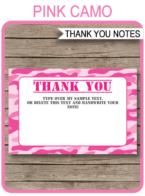 Printable Pink Camo Thank You Notes - Favor Tags - Army Birthday Party theme - Editable Template - Instant Download via simonemadeit.com