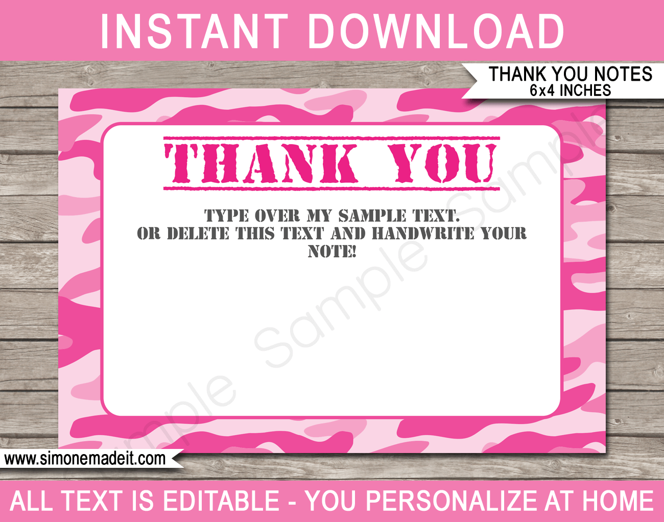 Printable Pink Camo Thank You Cards - Favor Tags - Army Birthday Party theme - Editable Template - Instant Download via simonemadeit.com