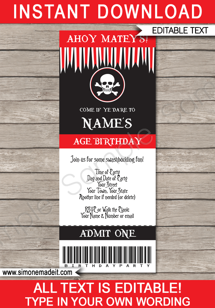 Pirate Party Ticket Invitation Template | Pirate Birthday Party Invite | Pirate Theme Party | Editable & Printable Template | INSTANT DOWNLOAD via simonemadeit.com