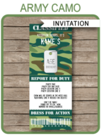 Army Party Ticket Invitations | Green Camo | Army Birthday Party Invite | Army Theme Party | Editable & Printable Template | INSTANT DOWNLOAD via simonemadeit.com