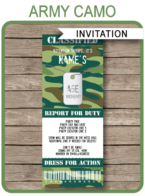 Army Party Ticket Invitations | Green Camo | Army Birthday Party Invite | Army Theme Party | Editable & Printable Template | INSTANT DOWNLOAD via simonemadeit.com