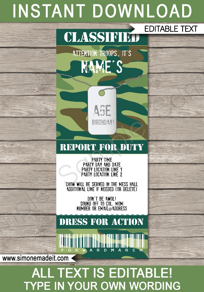 Army Party Ticket Invitation | Green Camo | Army Birthday Party Invite | Army Theme Party | Editable & Printable Template | INSTANT DOWNLOAD via simonemadeit.com