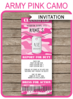 Army Party Ticket Invitation template – pink camo