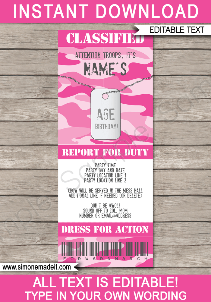 Pink Camo Ticket Invitation | Army Birthday Party Invite | Army Theme Party | Editable & Printable Template | INSTANT DOWNLOAD via simonemadeit.com