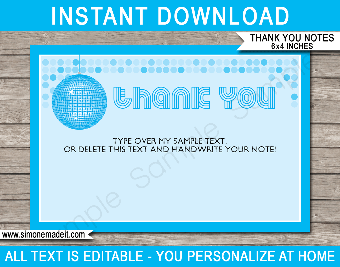 Printable Blue Disco Birthday Party Thank You Notes - Disco Ball - Favor Tags - Dance or Disco Birthday Party theme - Editable Template - Instant Download via simonemadeit.com