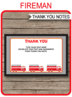 Printable Fireman Party Thank You Notes - Favor Tags - Fireman Birthday Party theme - Firetruck - Editable Template - Instant Download via simonemadeit.com