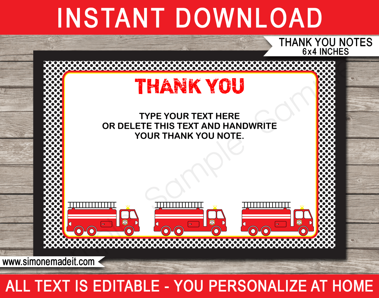 Printable Fireman Party Thank You Cards - Favor Tags - Fireman Birthday Party theme - Firetruck - Editable Template - Instant Download via simonemadeit.com