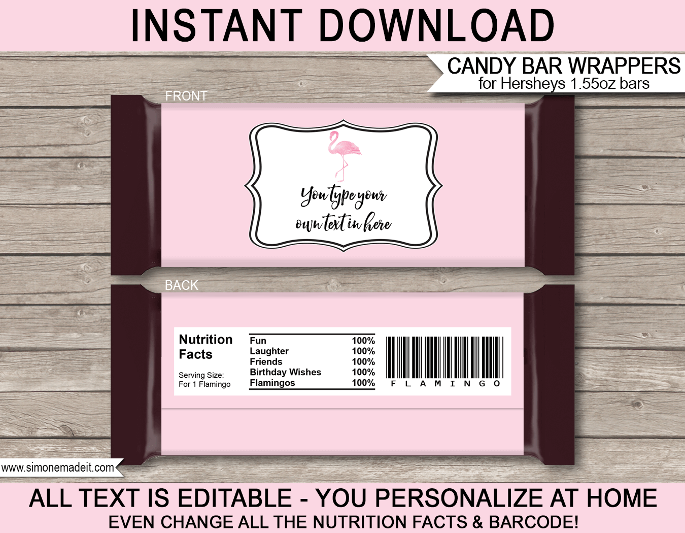 Flamingo Hershey Candy Bar Wrappers | Flamingo Theme Birthday Party Favors | DIY Editable & Printable Template | Instant Download via simonemadeit.com