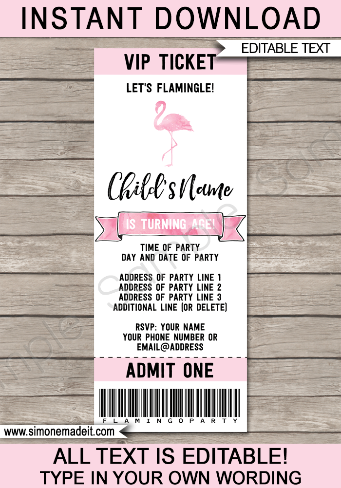 Flamingo Party Ticket Invitations | Flamingo Theme Birthday Party Invite | DIY Editable & Printable Template | Instant Download via simonemadeit.com