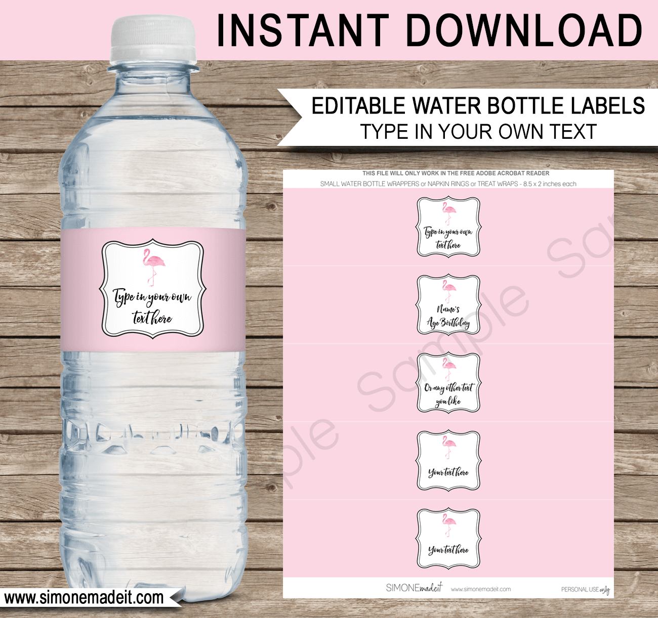 Flamingo Water Bottle Labels | Flamingo Theme Birthday Party Template | Napkin Wraps | Treat Wraps | DIY Editable & Printable Template | INSTANT DOWNLOAD via simonemadeit.com