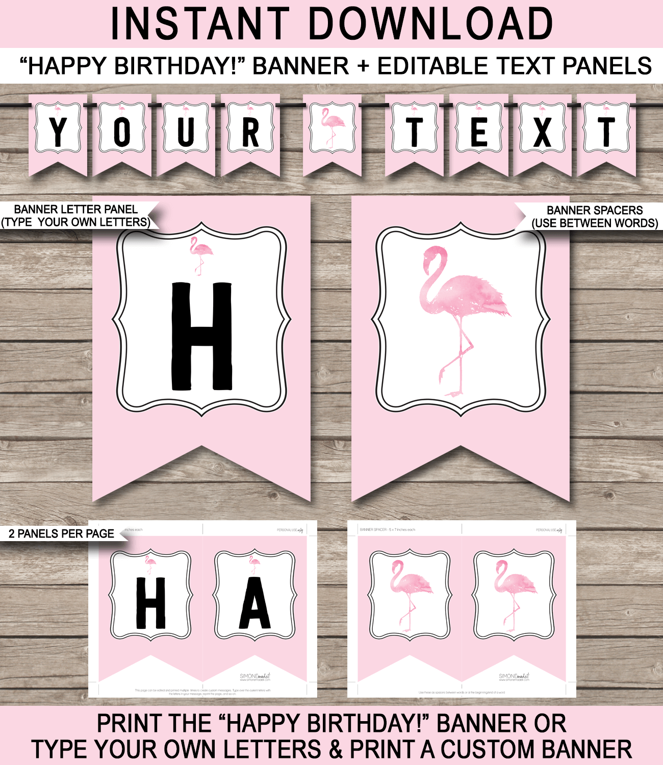Flamingo Pennant Banner Template | Flamingo Theme Happy Birthday Banner | Custom Banner | DIY Editable & Printable Template | Instant Download via simonemadeit.com