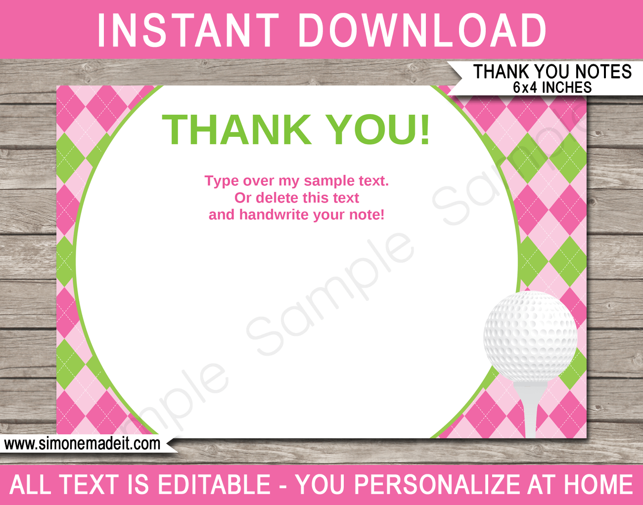 Golf Birthday Party Thank You Cards template – pink/green
