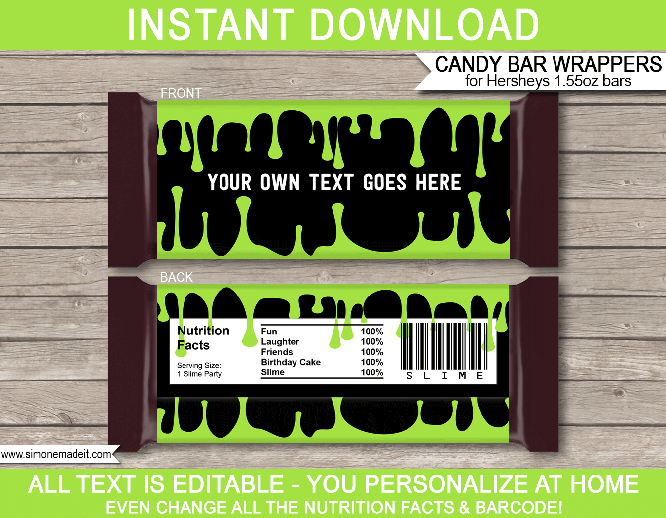 Slime Hershey Candy Bar Wrappers | Slime Birthday Party Favors | Personalized Candy Bars | Chocolate Bar Labels | Editable Template | INSTANT DOWNLOAD $3.00 via simonemadeit.com