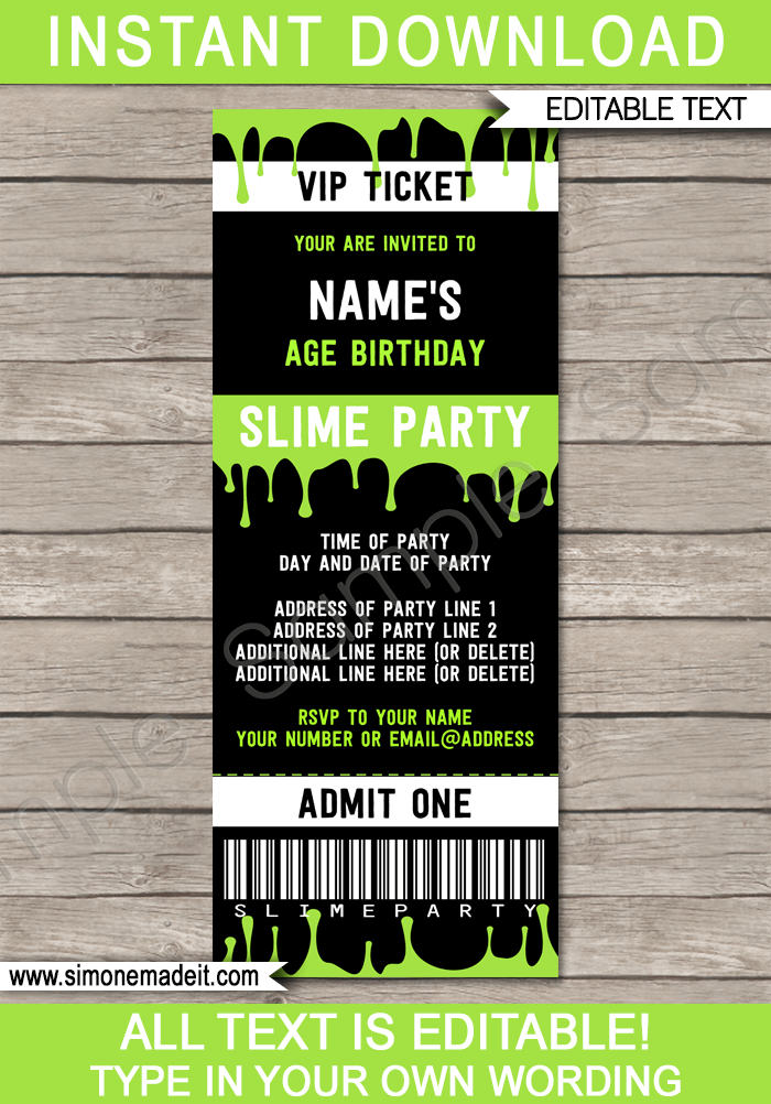 Slime Party Ticket Invitation Template | Slime Birthday Party Invite | Slime Theme | Editable & Printable DIY Template | INSTANT DOWNLOAD $7.50 via simonemadeit.com