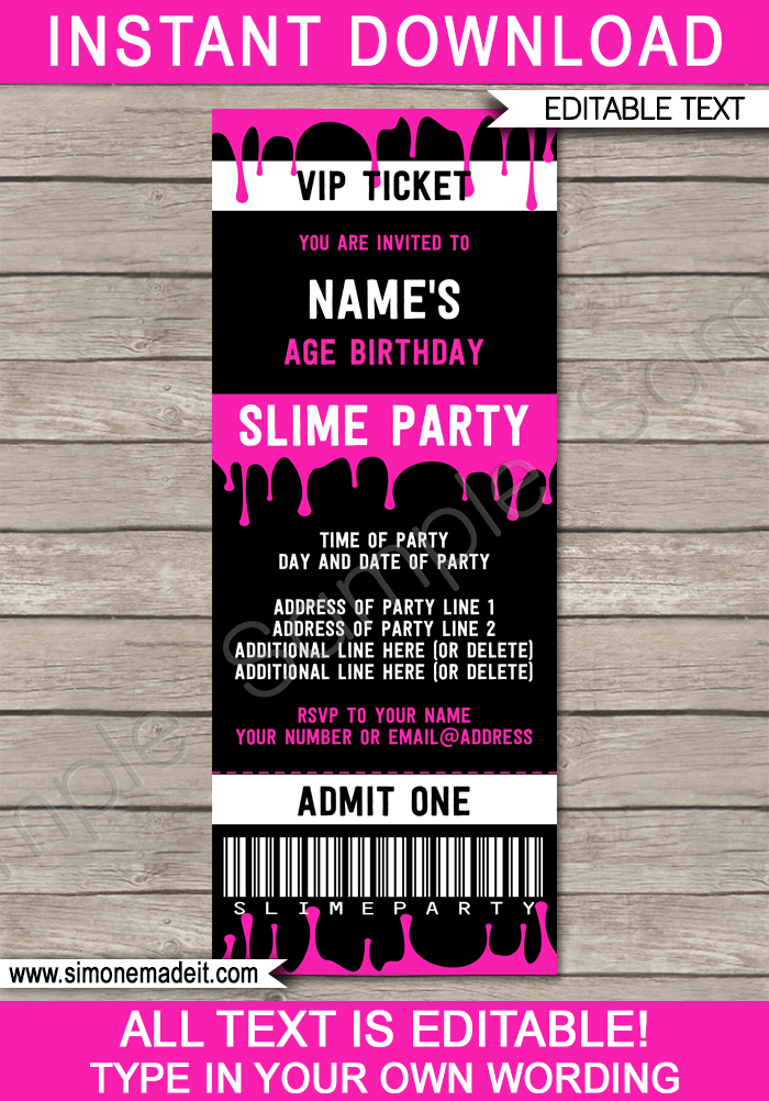 Slime Birthday Party Ticket Invitation Template - pink | Slime Party Invite | Slime Theme | Editable & Printable DIY Template | INSTANT DOWNLOAD $7.50 via simonemadeit.com