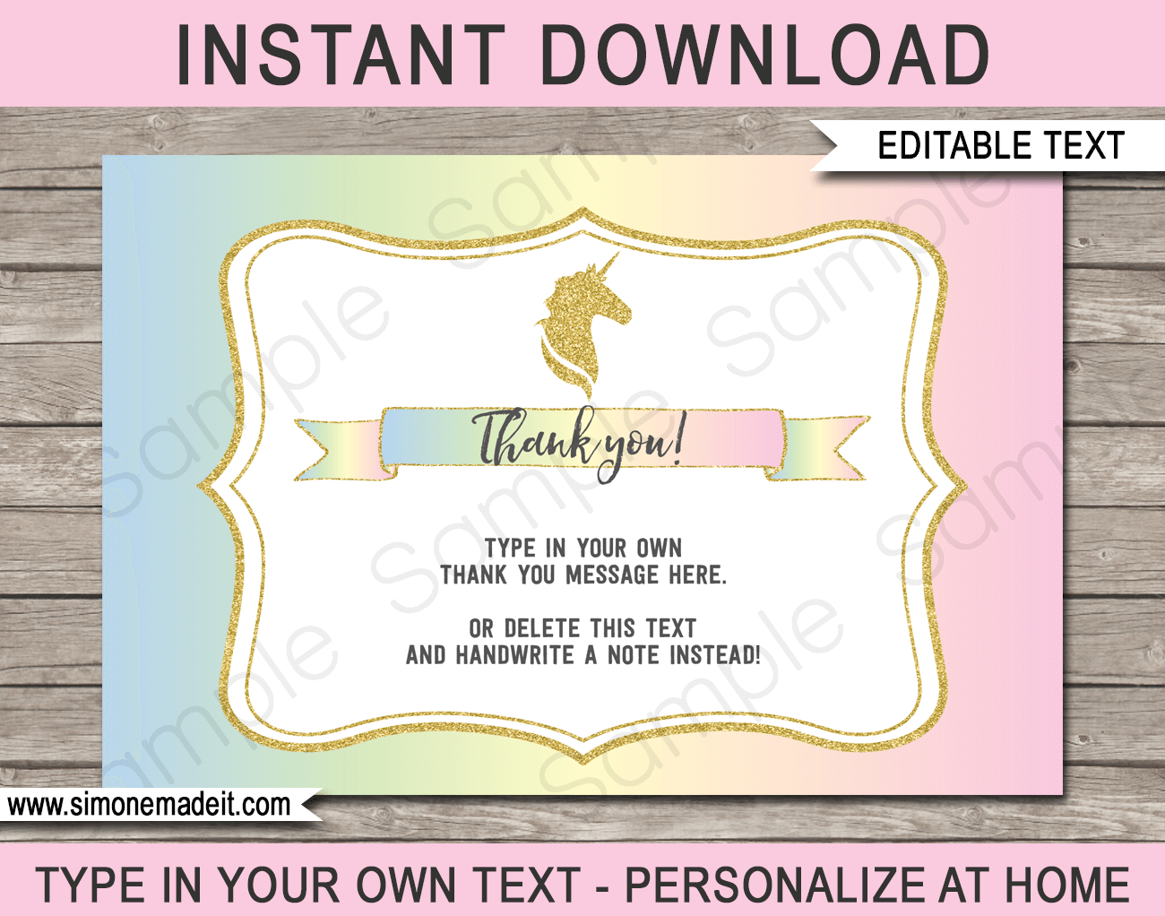 Printable Unicorn Party Thank You Cards - Favor Tags - Unicorn Birthday Party theme - Editable Template - Instant Download via simonemadeit.com